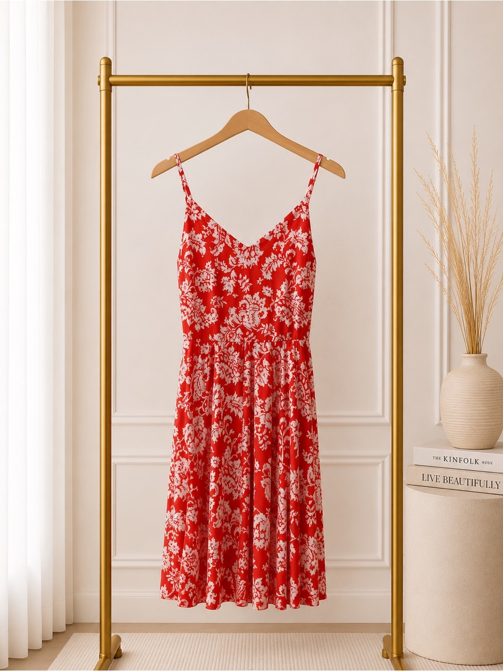 🔴 GAP Red and White Floral Spaghetti Strap Dress